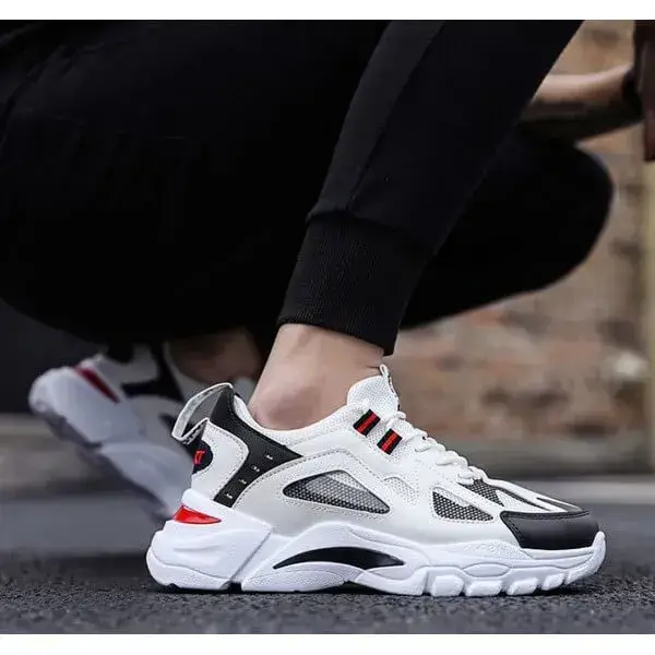 Mens Colorblock Mesh Sneakers | Breathable Lightweight Platform Casual Shoes in White Blue, White Red, Black