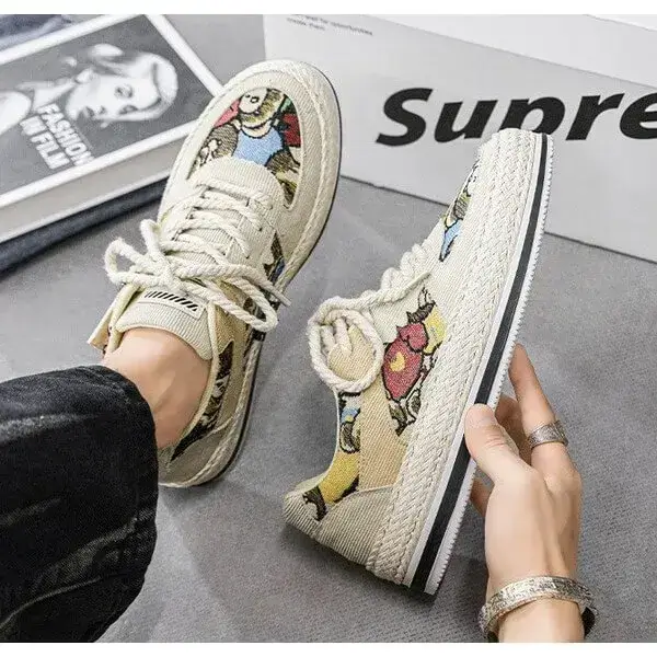 Mens Color-Matching Canvas Sneakers | UV-Resistant Low-Top Casual Shoes in Beige, Black, Green