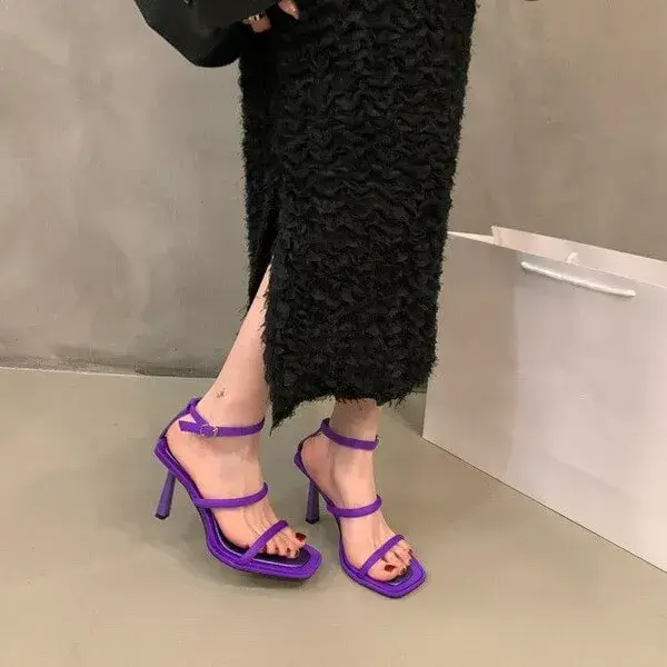 Bobbyshoe Women Fashion Sexy Simple Strap Square Toe Heeled Sandals