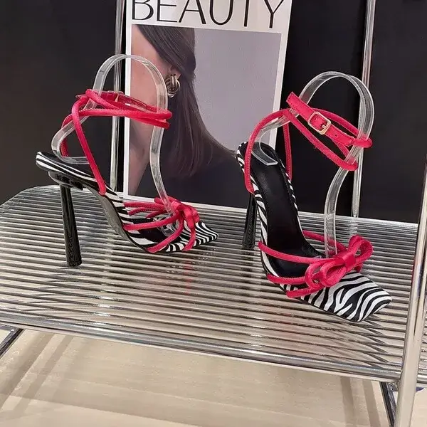 Bobbyshoe Women Fashion Casual Lace-Up Bow Color Blocking Stiletto Heel Sandals